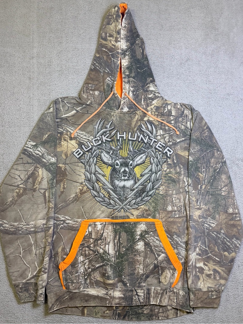 Buck Wear Buck Hunter Hoodie Mens Medium Realtree Camo Orange Trim